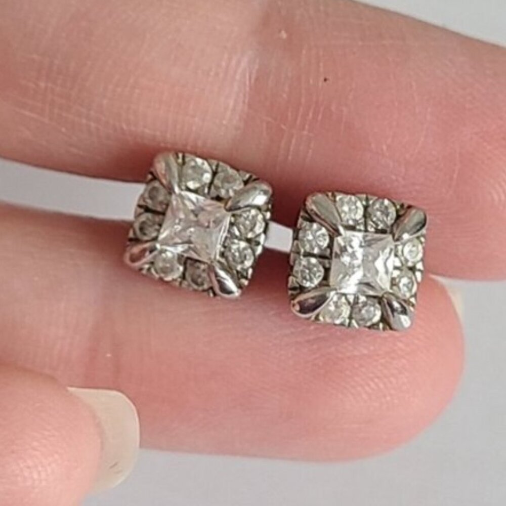 Vintage Sterling Silver Crystal Pave Square Stud Earrings